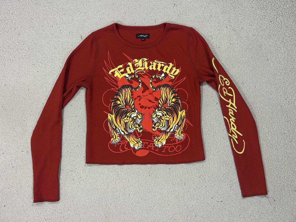 Ed Hardy Shirt Womens Large Red Tiger Tattoo Graphic Long Sleeve Cropped Y2K